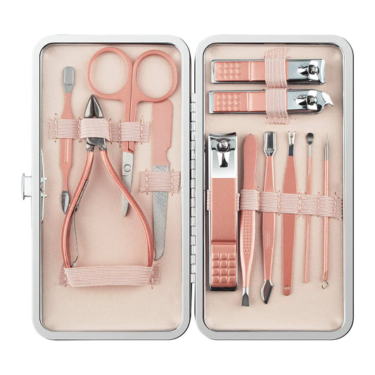 Manicure Set 12 In 1 Stainless Steel Professional Pedicure Kit Nail Scissors Grooming Kit with Pink Leather Travel Case Pink