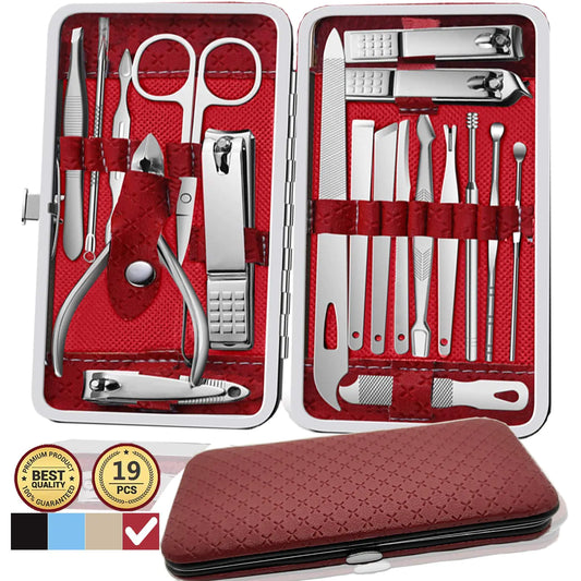 Manicure Set 19 in 1 Stainless Steel Professional Pedicure Kit Nail Scissors Grooming Kit with Leather Travel Case Great Gift for Men and Women(Red) …