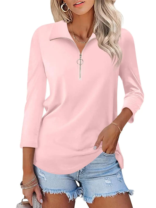 TICTICMISS Womens 3/4 Sleeve Tops V Neck T Shirts Zipper Collared Polo Shirts Peach Pink