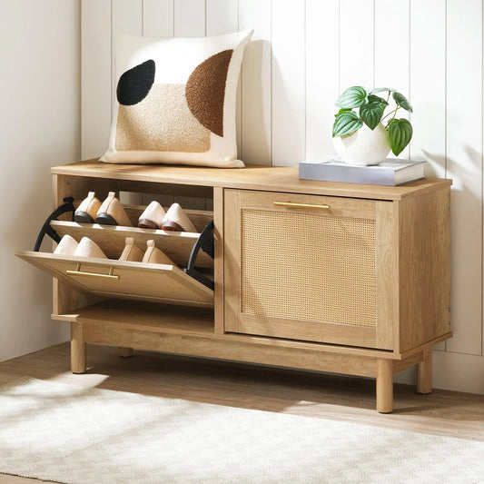 HOOBRO Rattan-Like Shoe Bench Entryway Bench with Storage Shoe Rack Bench 2 Flip Drawers Shoe Cabinet Wooden Solid Legs for Entrance Living Room Bedroom Natural NL51HX01