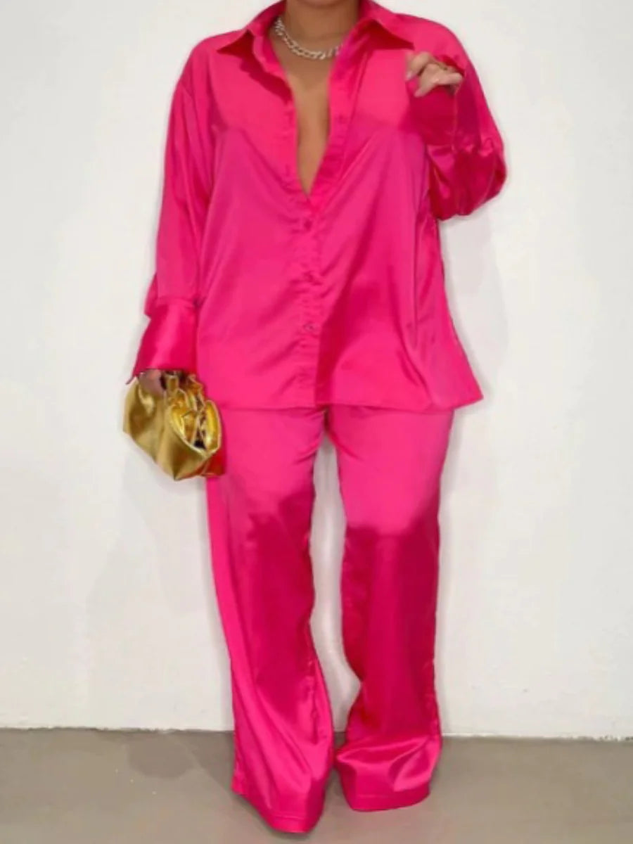 Elegant Plus Size Satin Tracksuit with Wide Leg Pants