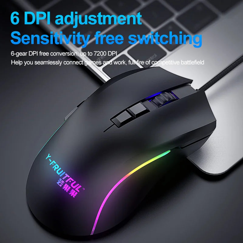 Y73 Ergonomic RGB Mini Gaming Mouse USB Wired 7 Buttons 1000-7200 DPI Optical Tracking PCs Desktops 3D Mechanical Style