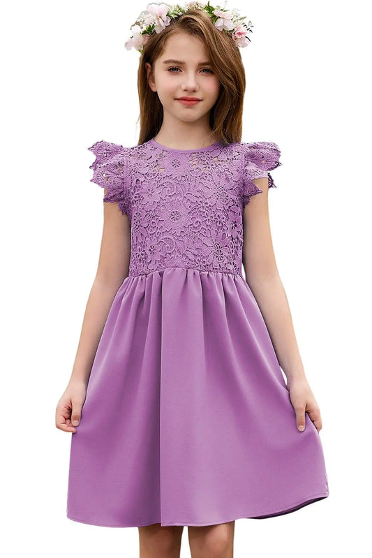 blibean Tween Girls Dress Summer Fashion Sleeveless Semi Formal Dresses Kids Solid Lace 2025 Midi Wedding Gust Bridesmaid Outfits Elegant Fancy Party Flare Clothes Size 6-7 Years Purple