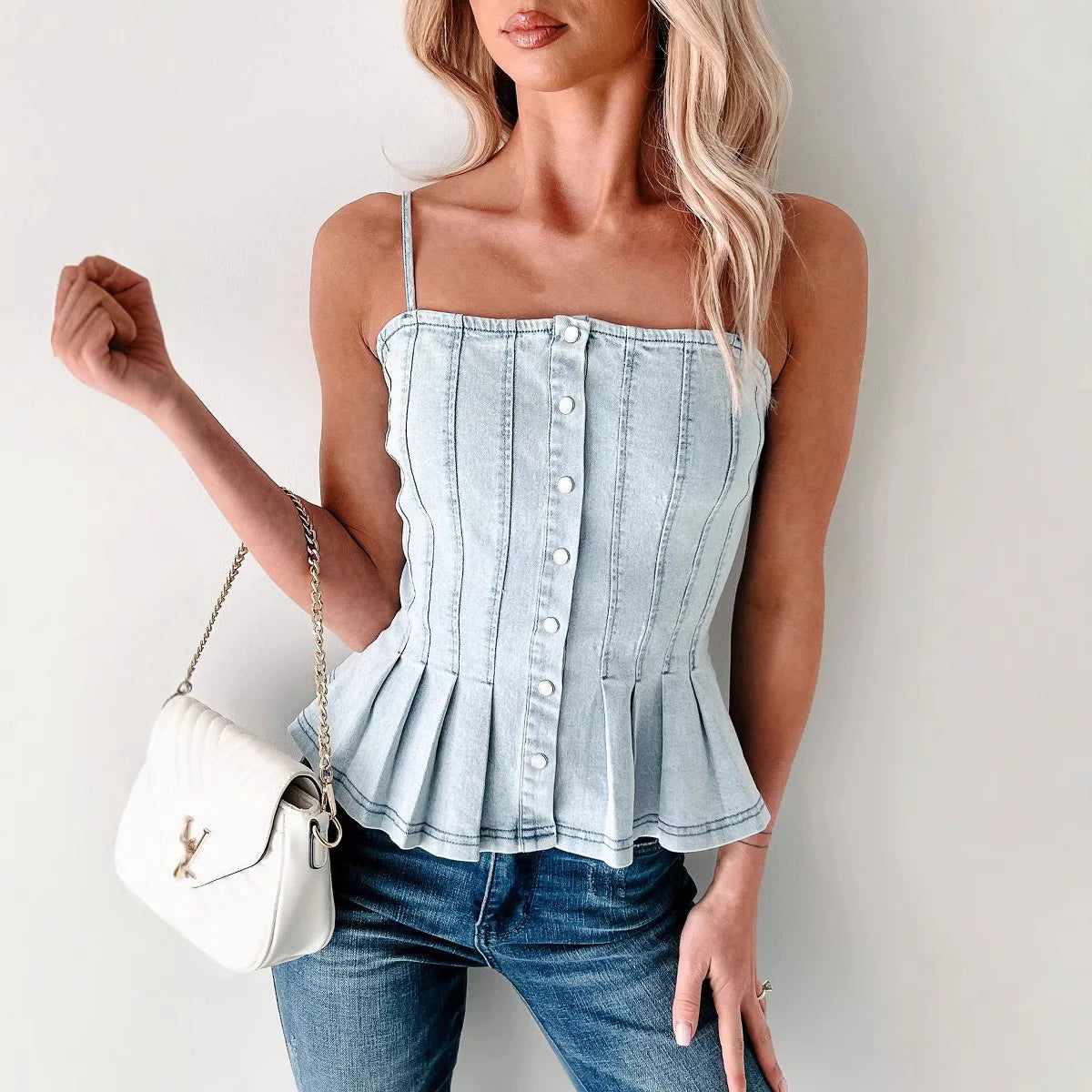 Boutique Wholesale 2025 Summer New Fashionable and Sexy Sleeveless Pleated Single Breasted Women's Tank Tops