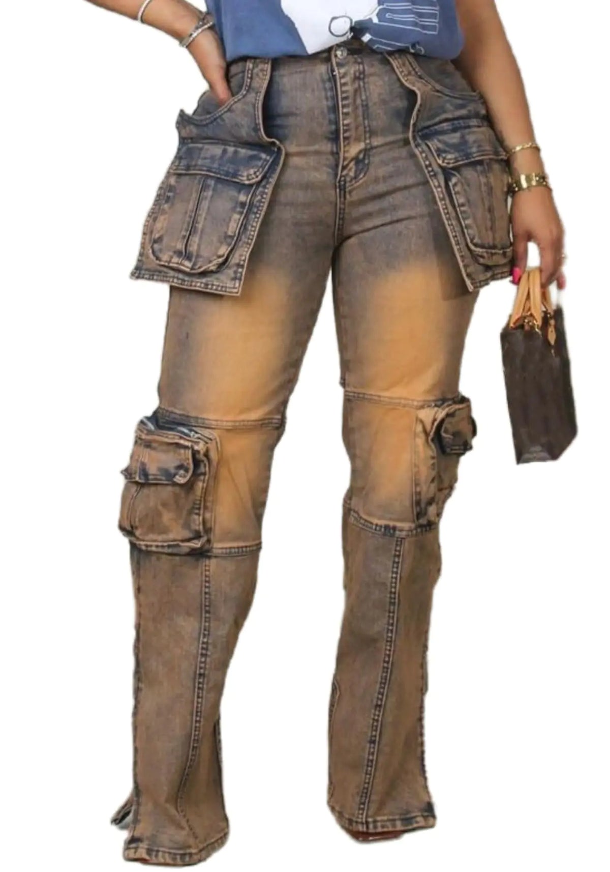 NRTHYE Women Cargo Jeans High Waist Straight Leg Trendy Stretchy Denim Cargo Pants with Pockets