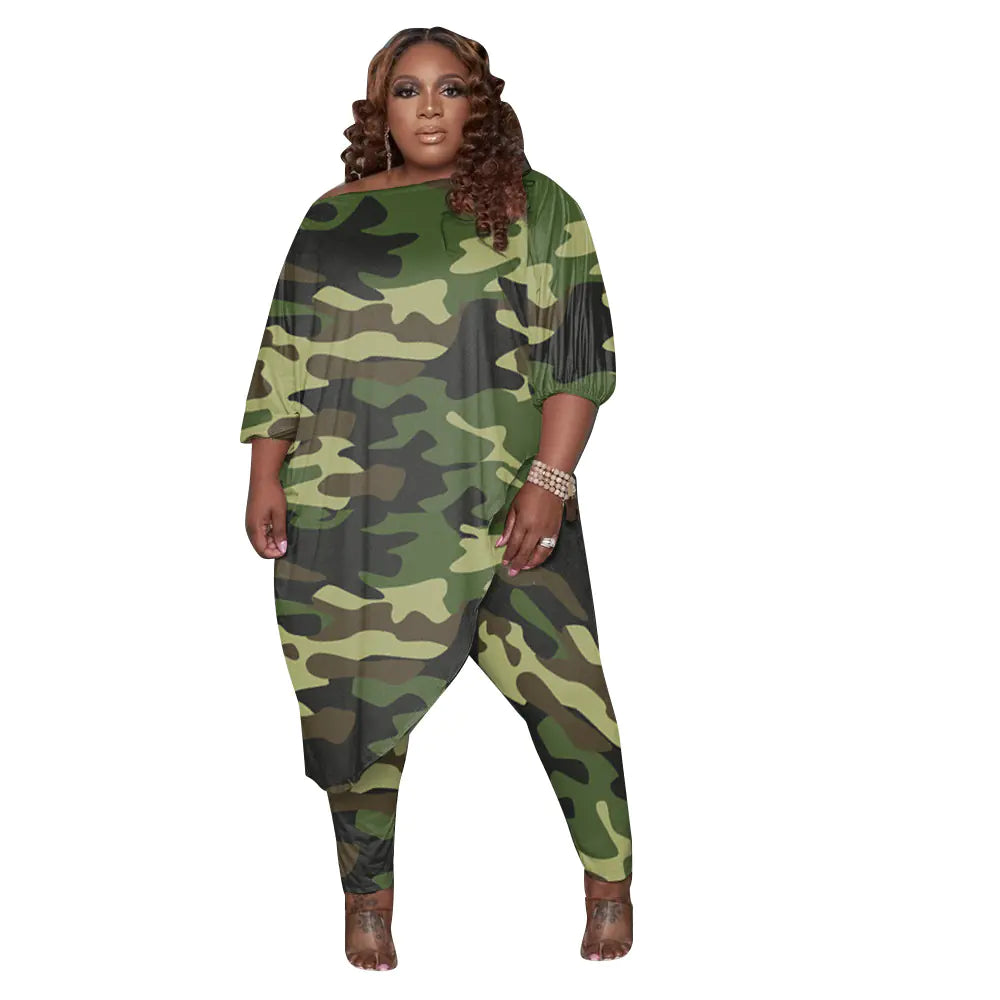 Trendy Plus Size Women's Camouflage Tracksuit Outfit