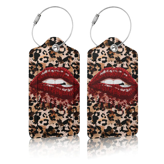 Red Lips Luggage Tags for Adults Teens2 Pack Travel Bag Suitcase Labels with Stainless Steel Loop ID Tags Card Baggage Bag Label