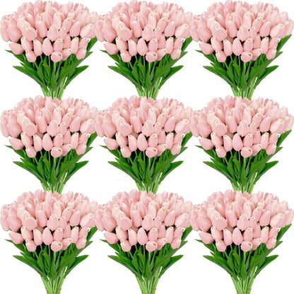 100 Pcs Artificial Tulip Real Touch Flowers False PU Tulips Faux Latex Bouquet Flower Centerpieces Arrangement Wedding Bridal Bouquet for Christmas Holiday Garden Home Decorations Party (Light Pink)