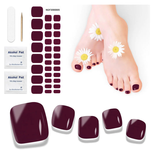 DUKASOU Semi-Cured Gel Pedicure Strips 32pcs Pure Color Series(K Wine Red) - Full Nail Wraps for Women Girls Gel Toenail Stickers Works with Any Nail Lamps Includes Nail Pads Nail File & Wood Stick