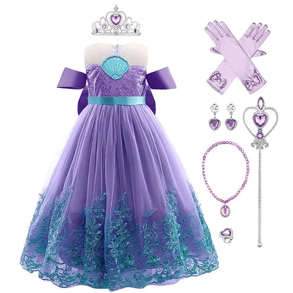 Kids Girls Little Mermaid Costume Ariel Princess Fancy Dress Up Birthday Party Halloween Christmas Carnival Cosplay Dresses + Crown + Jewelry Fairy Tales Outfit Set Purple 6-7 Years