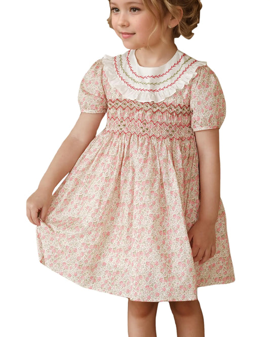 Twoflower Kids Baby Girls Floral Print Vintage Dress Toddler Smocking Dress Casual Embroidery Dresses for Spring Summer 1-6 Years(US Age 3 Years Strawberry)