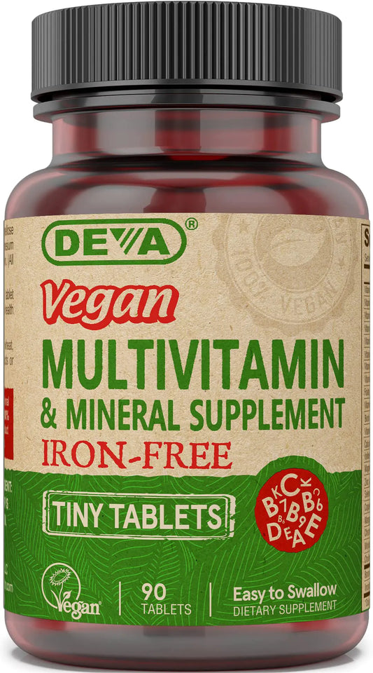 DEVA Tiny Tablets Vegan Multivitamins for Women & Men Multivitamin Iron Free Mineral Supplement Vitamin C Vitamin B Complex Vitamin B12 Vitamin E Zinc Gluten Free 90 Tablets