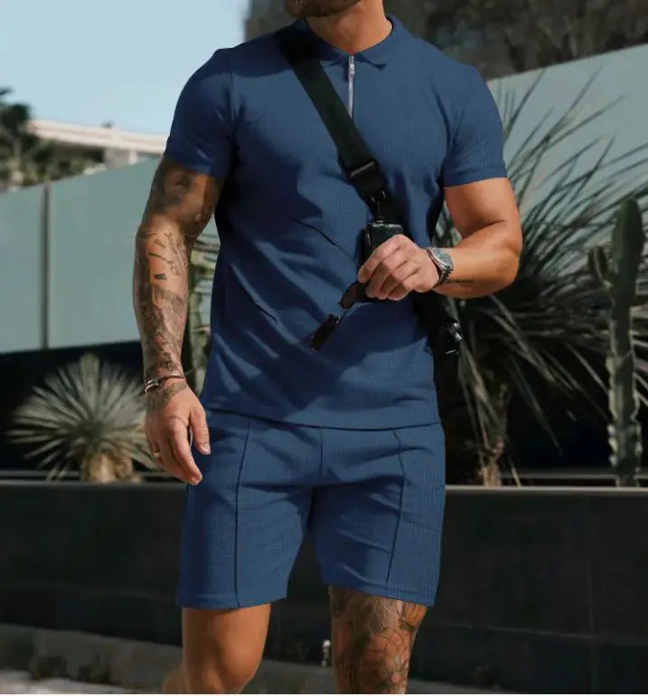 Men's Short Sleeve Shorts Casual Suit Summer Waffle Solid Color Casual Loose Lapels T-shirt Suit Men