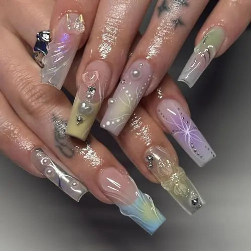 Press on Nails DX Grandway Coffin Long Square Nail Tips 3D Butterfly Bowknot for Women and Girls Cute Fashion Trending Easy Apply in 12 sizes - 24pcs