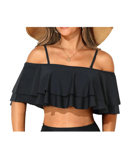 Women Ruffle Bikini Top Black Off Shoulder Swim Top Flounce Swimsuit Top Bathing Suit Tops Only M