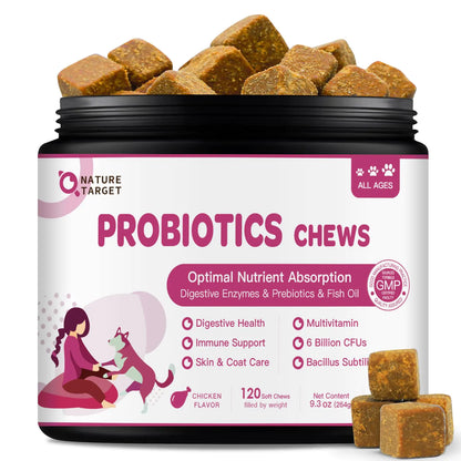 Probiotics for Dogs - Dog Probiotics and Digestive Enzymes for Digestive Health - Plus Fish Oil & Vitamins Supplement for Allergies & Immune & Itchy Skin 120 Chicken Flavor Probiotic Soft Chews