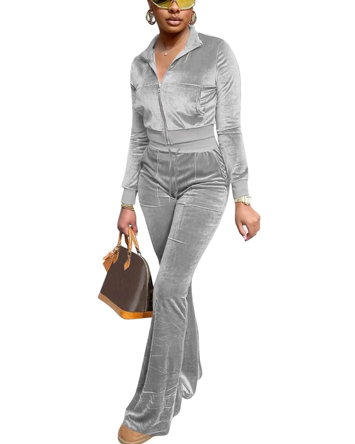 Deeryi Track Suits for Women Set Y2K Zip Up Velvet Crop Top Jacket and Elastic Waist Flared Pants Sweatsuit Grey M