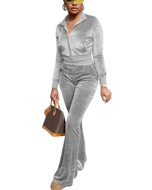 Deeryi Track Suits for Women Set Y2K Zip Up Velvet Crop Top Jacket and Elastic Waist Flared Pants Sweatsuit Grey M