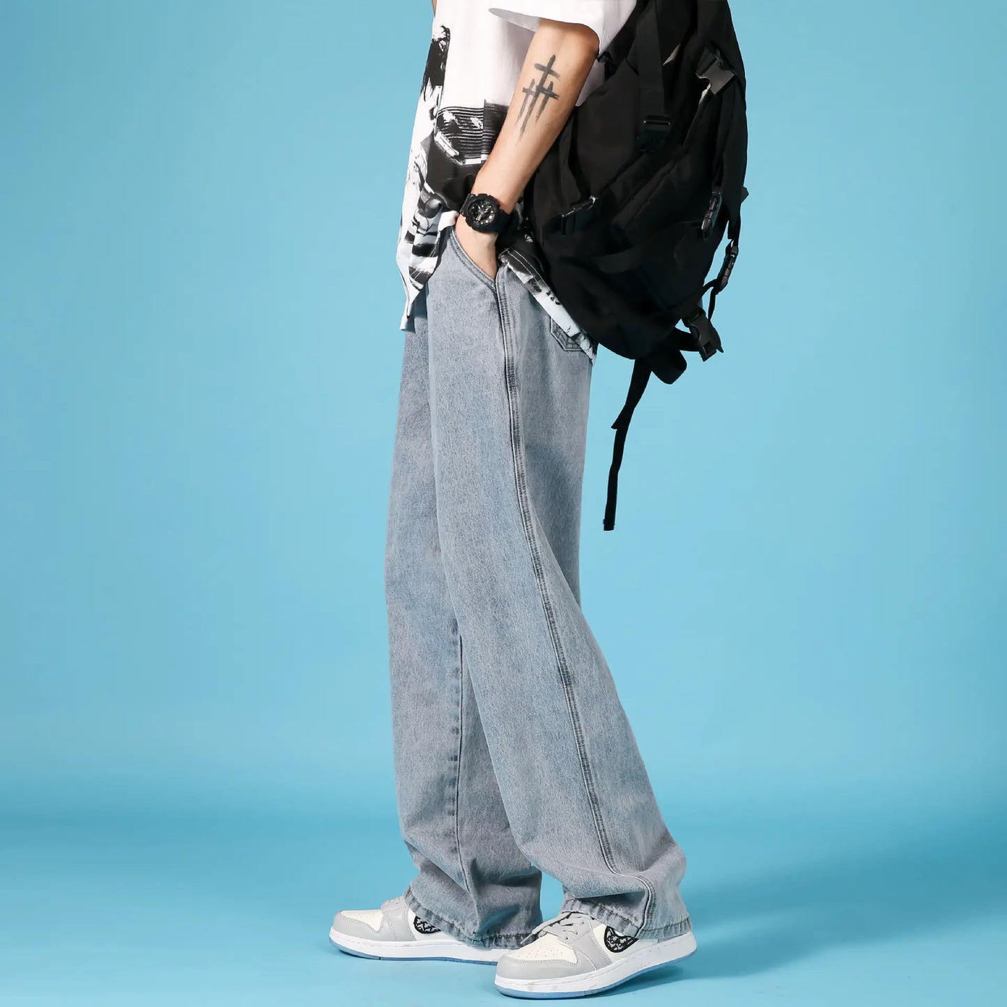 Men's Straight Loose Cargo Denim Pants with Zipper