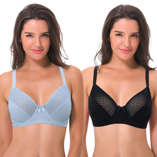 Curve Muse Womens Plus Size Unlined Minimizer Underwire Full Figure Bra-2Pack-BlackBlue-34DDD