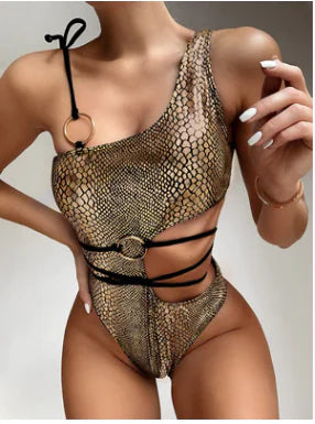 2020 Trending One-Shoulder Snake Print Bikini Set