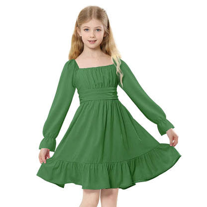 Zando Green Girls Dresses Long Sleeve Dress for Girls Tie Back Dress Big Girls Dress for Weddings Dresses for Teens Girls Fall Dress Square Neck Off Shoulder Party Dress 13-14 Years