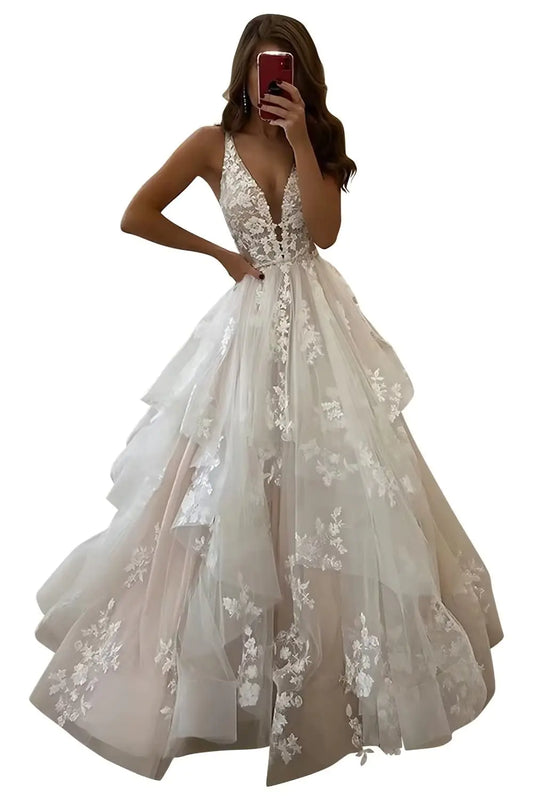 BEAUTFOR Simple Lace Appliqued Tulle Wedding Dresses for Bride 2024 Beach A Line Sleeveless Wedding Bridal Gowns Ivory US Size 6