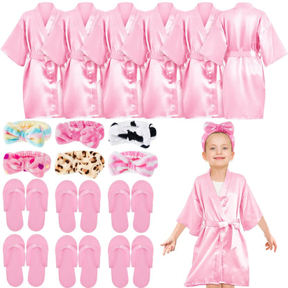 Jecery 18 Pcs Spa Party Supplies for Girls 6 Satin Kimono Robe 6 Spa Headband 6 Disposable Foam Pedicure Slippers (PinkSize 6)