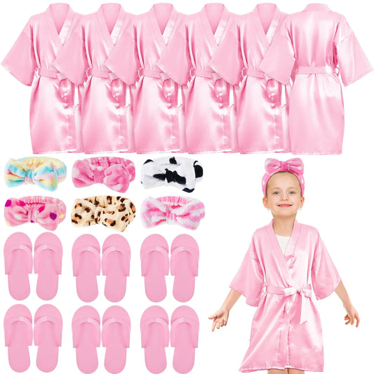 Jecery 18 Pcs Spa Party Supplies for Girls 6 Satin Kimono Robe 6 Spa Headband 6 Disposable Foam Pedicure Slippers (PinkSize 6)