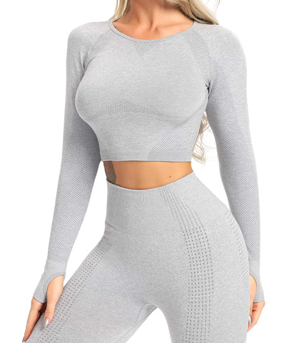 KIWI RATA Women Seamless Long Sleeve Yoga Gym Crop Top Thumb Hole Fitted Sportwear Activewear Shirts