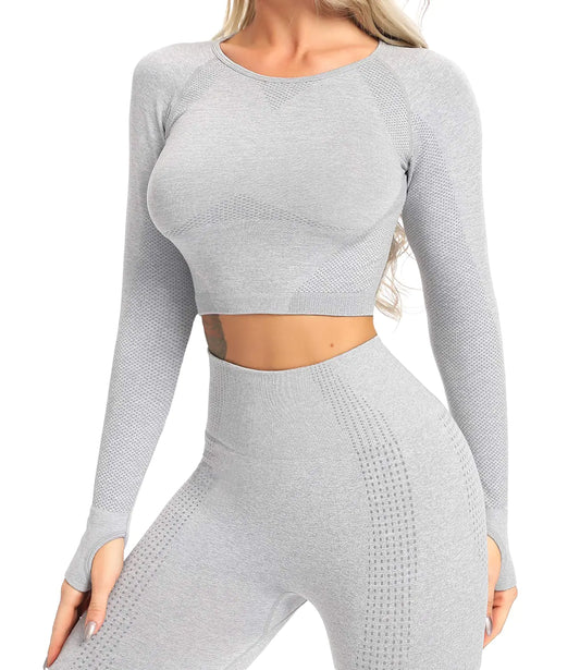 KIWI RATA Women Seamless Long Sleeve Yoga Gym Crop Top Thumb Hole Fitted Sportwear Activewear Shirts