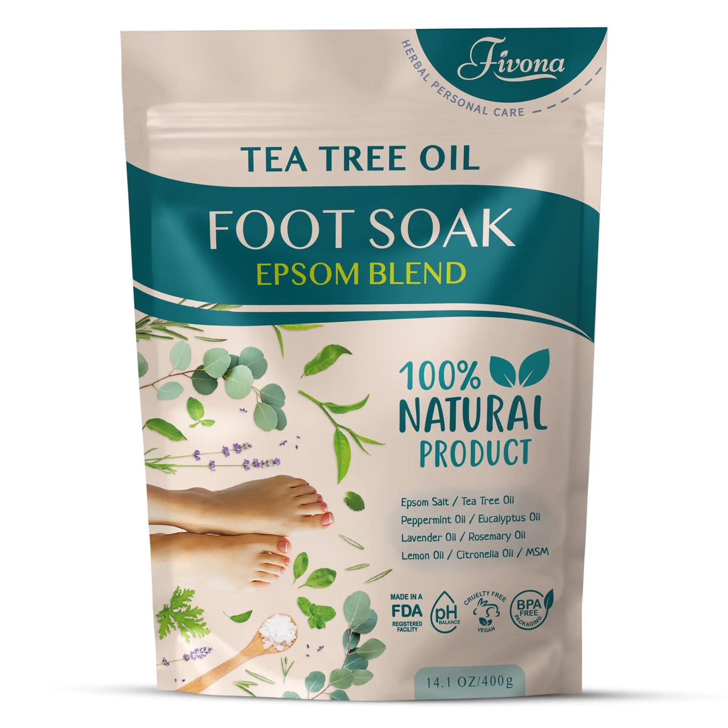 Fivona Tea Tree Foot Soak Blend 14.1 oz - Epsom Salt with Essential Oils for Healthy Toenails Soothing Relief Callus Softening - Pedicure Therapy for Soft Rejuvenated Feet