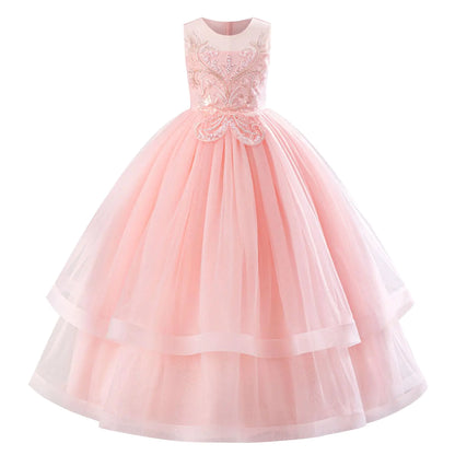 IDOPIP Flower Girl Sequin Lace Dress for Kids Wedding Bridesmaid Pageant Party Formal Long Maxi Gown Little Princess First Communion Birthday Prom Shiny Appliques Puffy Tulle Dresses Pink 6-7 Years