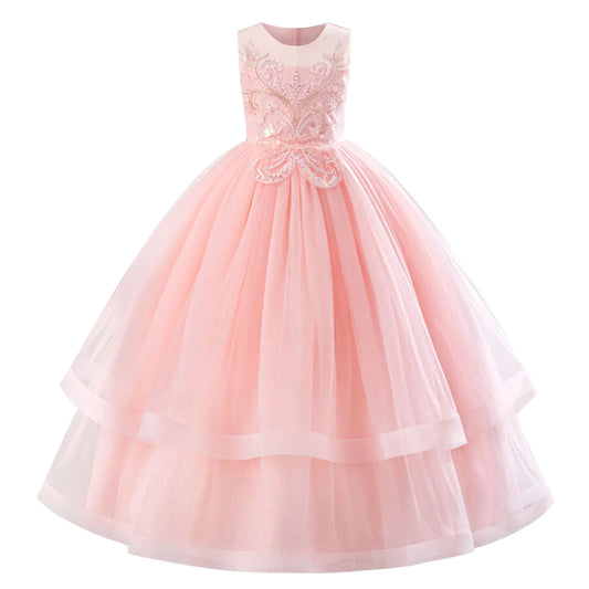 IDOPIP Flower Girl Sequin Lace Dress for Kids Wedding Bridesmaid Pageant Party Formal Long Maxi Gown Little Princess First Communion Birthday Prom Shiny Appliques Puffy Tulle Dresses Pink 6-7 Years