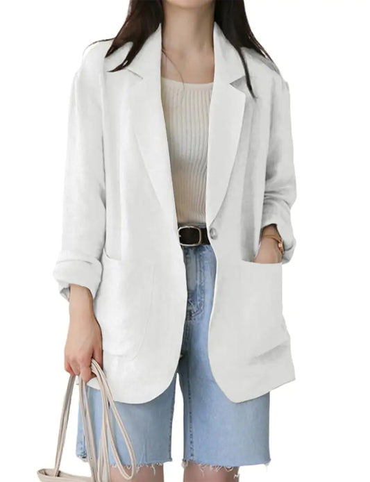 IDEALSANXUN Linen Blazer Women Casual Lightweight Spring Jackets 2024 Linen Summer Clothes Business Office Work Tops Cardigan White L