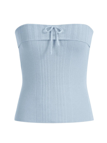 SHENHE Womens Ribbed Strapless Knit Top Bowknot Cute Fitted Tube Top Y2k Top Blue Small