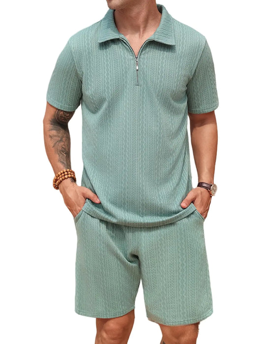 SPKPKEY Men 2 Piece Polo Shirt and Short Outfit Set Casual Tracksuit Green Medium