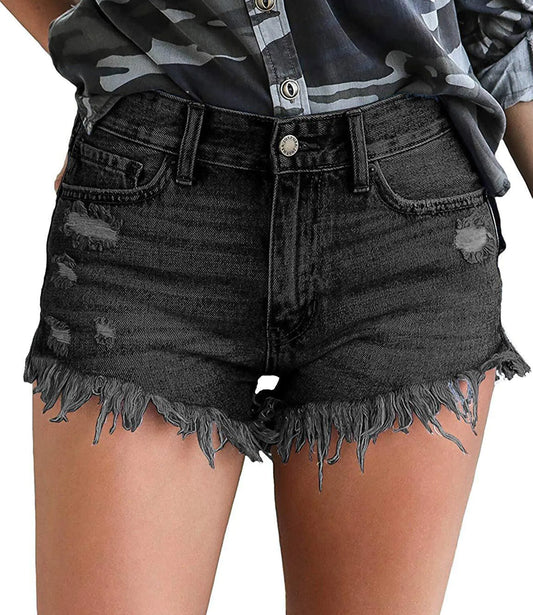 KQTFT Women Jean Shorts Mid Waisted Stretchy Denim Shorts US Small Black