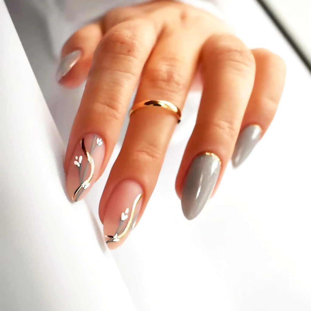 24Pcs Smoke Gray Press on Nails Glossy Gold Glitter False Nails Gel Glue on Nails Flower Medium Almond Manicure Art Acrylic Fake Nails Stick on Nails with Curve Line Design for Coquette Women Girls