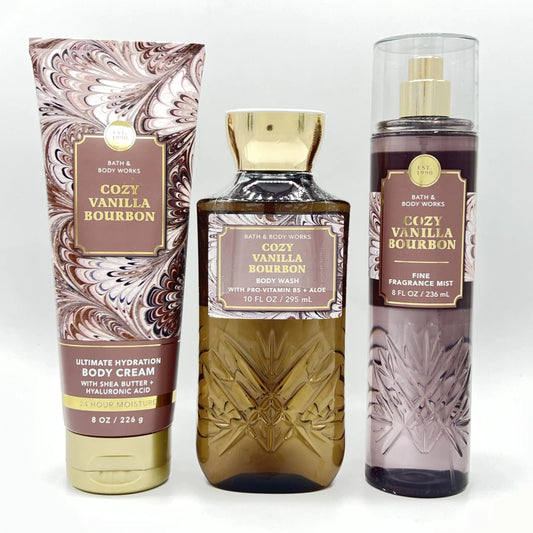 Cozy Vanilla Bourbon Bath & Body 3-Piece Bundle | Ultimate Hydration Body Cream Body Wash and Fine Fragrance Mist