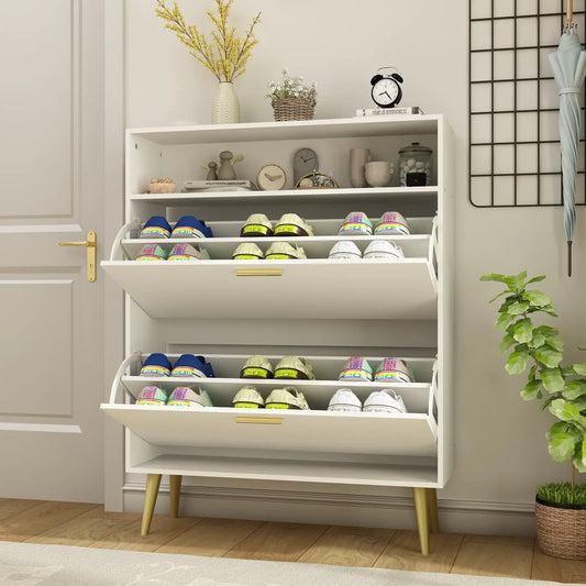 NOVAMAISON Shoe Cabinet for Entryway White Shoe Storage Cabinet with 2 Flip Doors and Shelf Narrow Hidden Shoe Cabinet for Entryway Slim Freestanding Shoe Rack Cabinet White