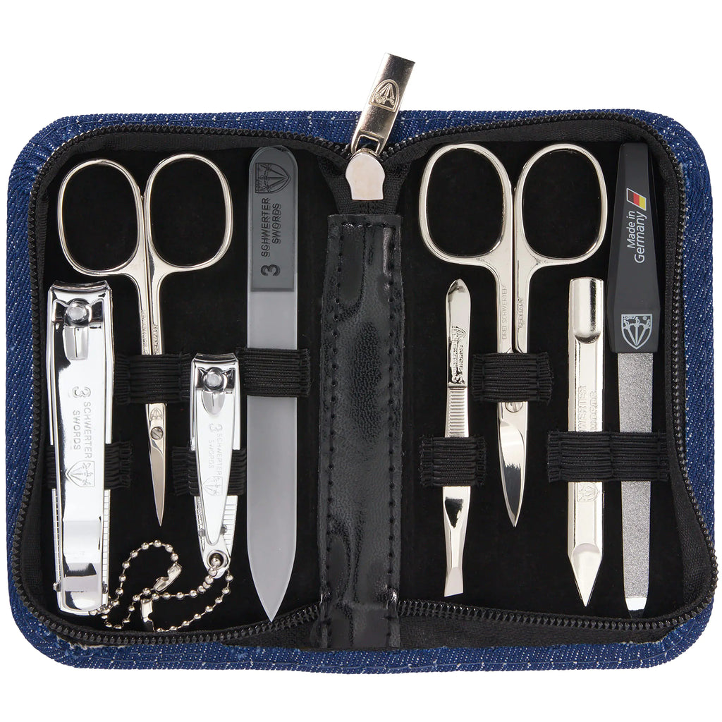 3 Swords Germany - brand quality 8 piece manicure pedicure grooming kit set textil case jeans blue - Made in Germany