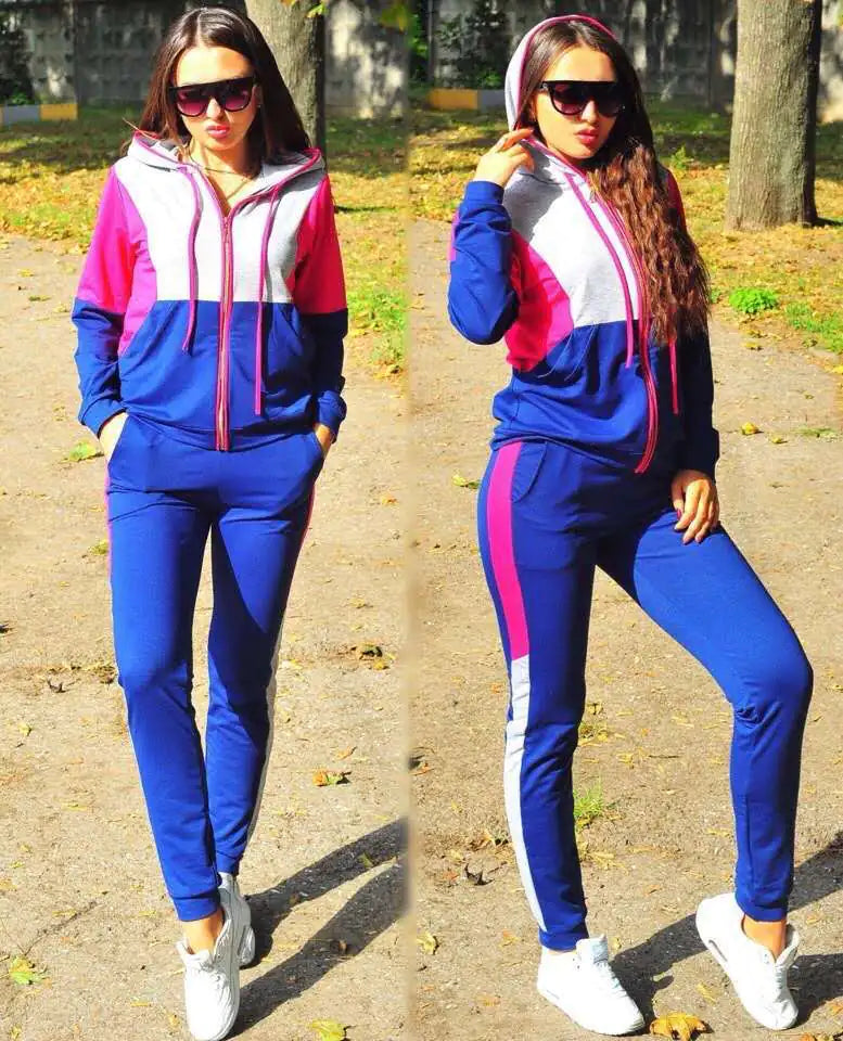 2020 Women's Color Block Hooded Knit Tracksuit Set