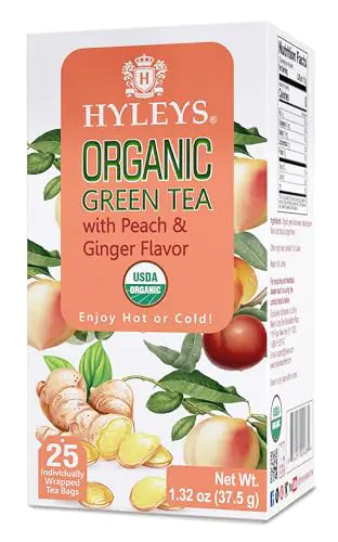 Hyleys Organic Green Tea Peach and Ginger Flavor - 25 Tea Bags - (6 Pack - 150 Tea Bags Total)