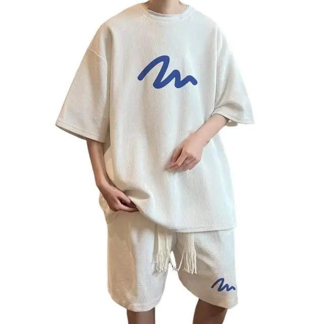 Men's Oversized Waffle Tracksuit with Shorts Set