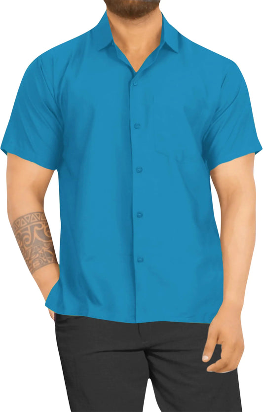 LA LEELA Mens Short Sleeve Button Down Casual Camp Summer Shirt Beach Shirts Business Solid Shirts for Men Vacation Dress Shirts with Pocket XL Turquoise Plain