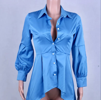Solid Color Lantern Sleeve Tail Dress & Button Shirt Dress