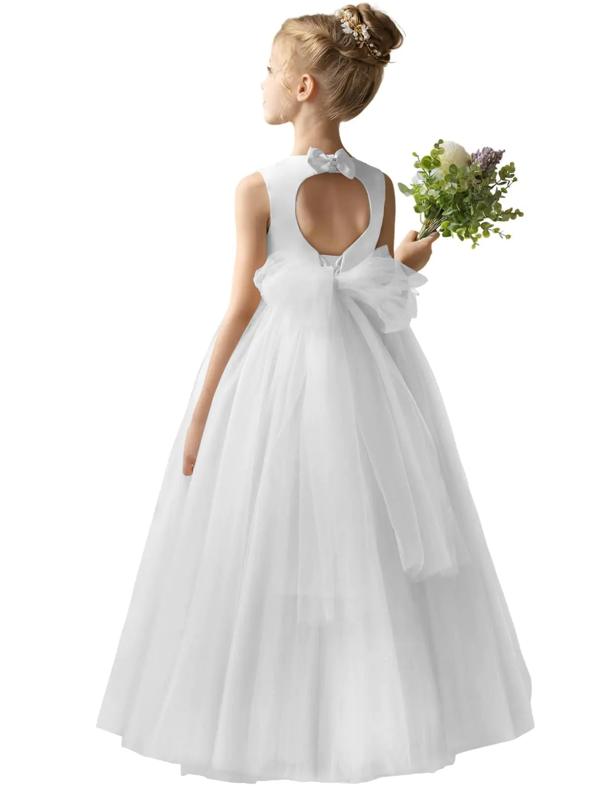 HEWEGO White Flower Girl Dresses for Girls Floor Length Puffy Tulle Pageant Princess for Christmas Holiday Party Gowns Size 6