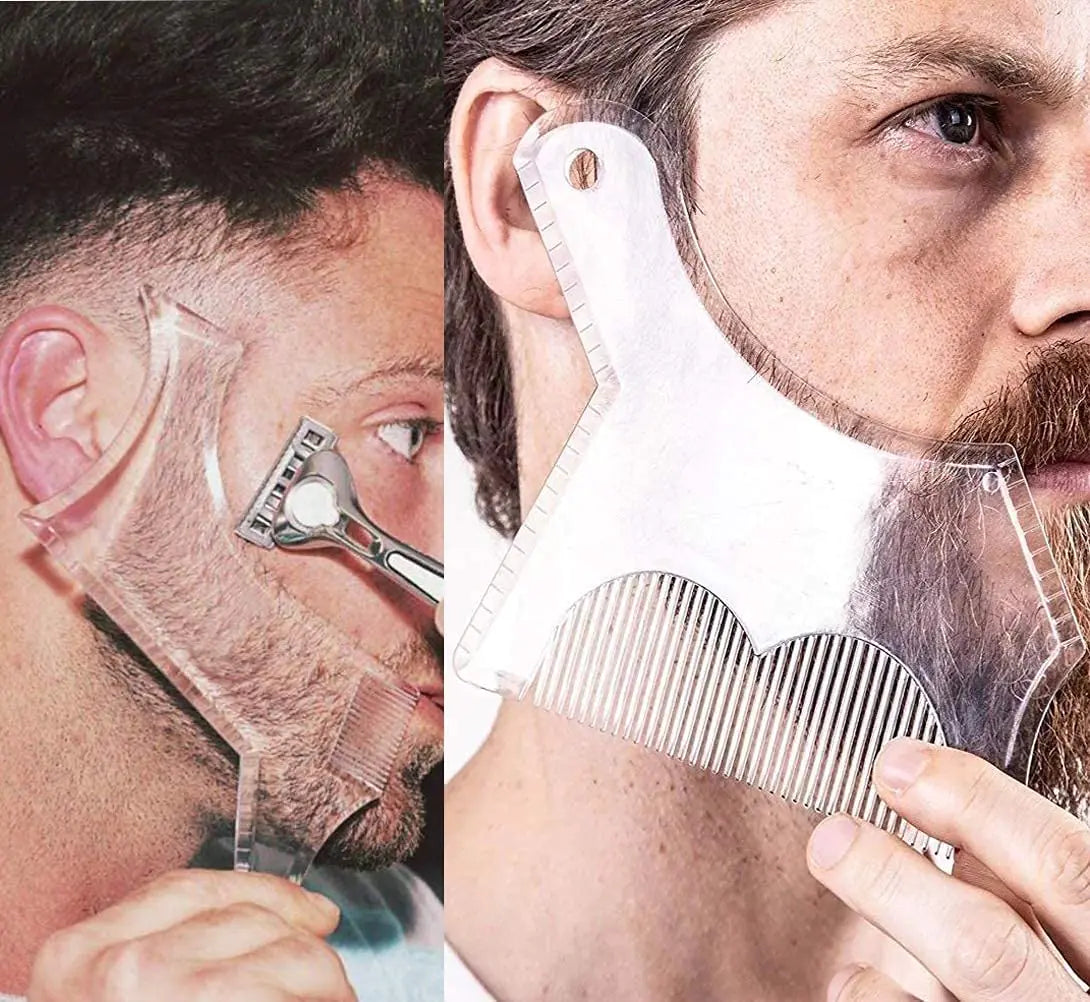 2PCS Mens Beard Shaping Tool Template Beard Guide Shaper with Inbuilt Comb Multi-liner Edges Shave for Curve/Straight/Neckline/Goatee/Sideburns (Clear-2pcs)