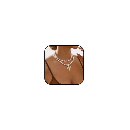 Cross Necklace for Women Chunky Gold Statement Necklace Pearl Cross Choker Necklace Thick Chain Faith Necklace Layered Pendant Necklace Christian Gifts for Women